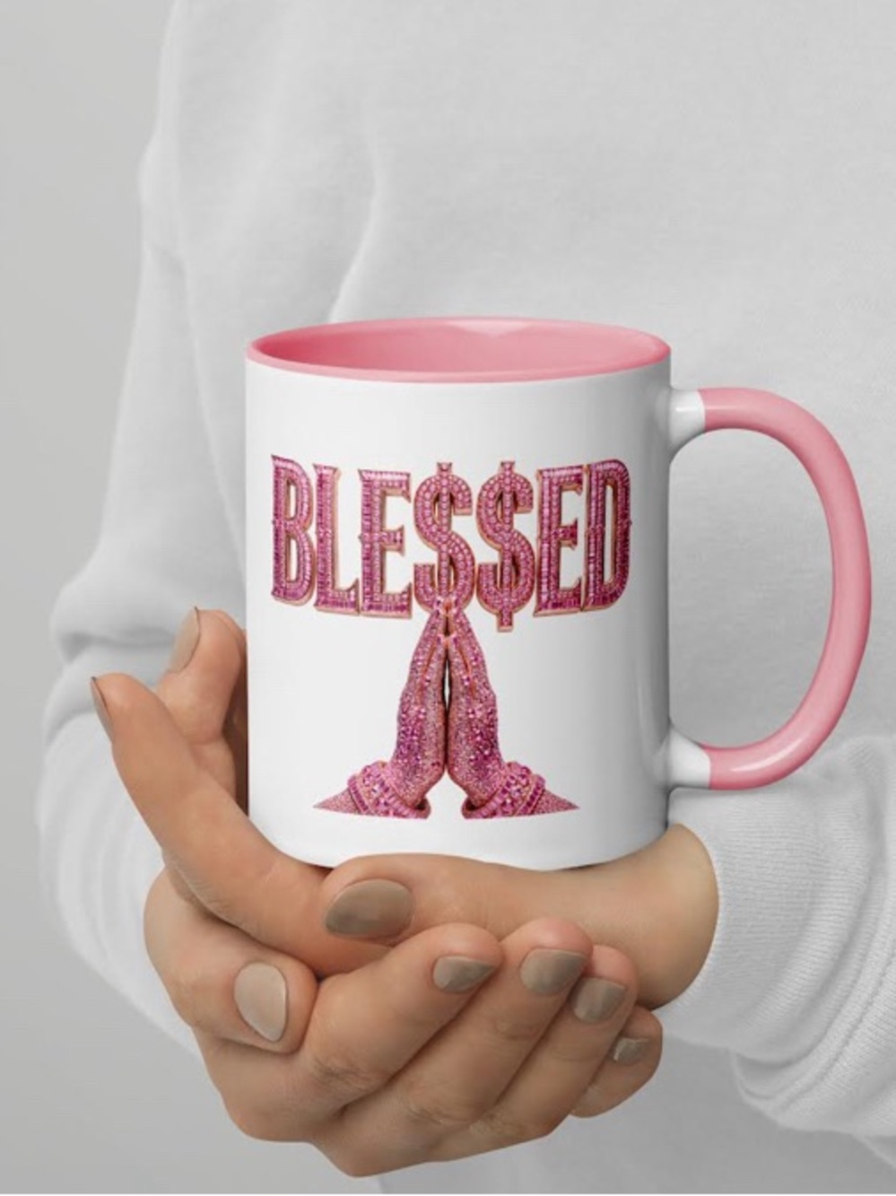 Black Mug with Pink "BLESSED" Design and Praying Hands - Picture 3 of 10